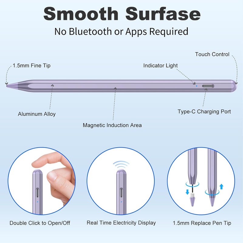COO Stylus Pen for iOS&Android Touch Screens, Active Pencil for Samsung, Smart Digital Stylus Pens for Lenovo/Huawei/Vivo/Mi and Other Tablets, iPhone/Google Pixel Smart Phones Drawing&Writing (Purple) - Image 5